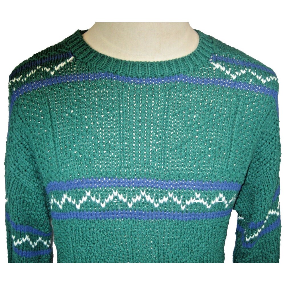 Mens Liz Claiborne Cotton Blend  Hand Knit Green Nordic Crewneck Sweater  sz L